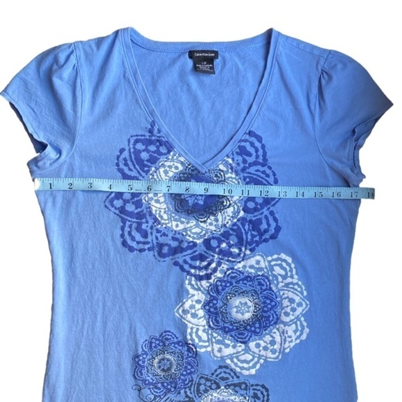 CALVIN KLEIN Tee Shirt Short Sleeve V Neck Geometric Floral Blue Women Size L - Picture 3 of 4